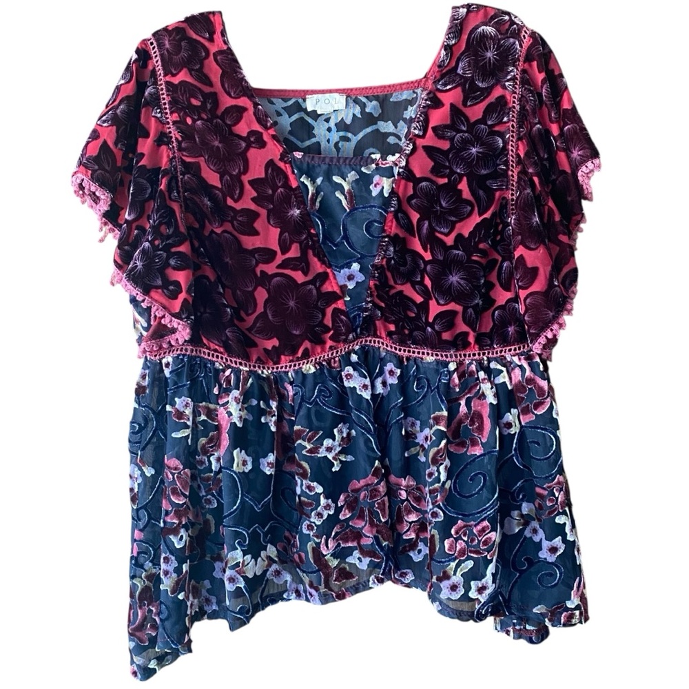 POL Floral Velvet Top Medium Ruffle Short Sleeve Blouse - Picture 3 of 11